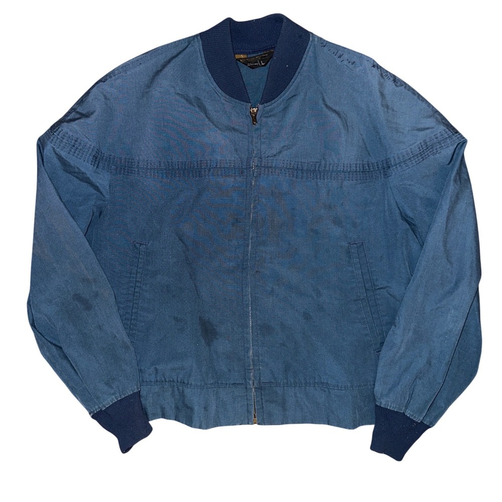 Vintage JCPenney Blue Bomber Jacket Talon Zipper Ribbed Trim Large Distressed